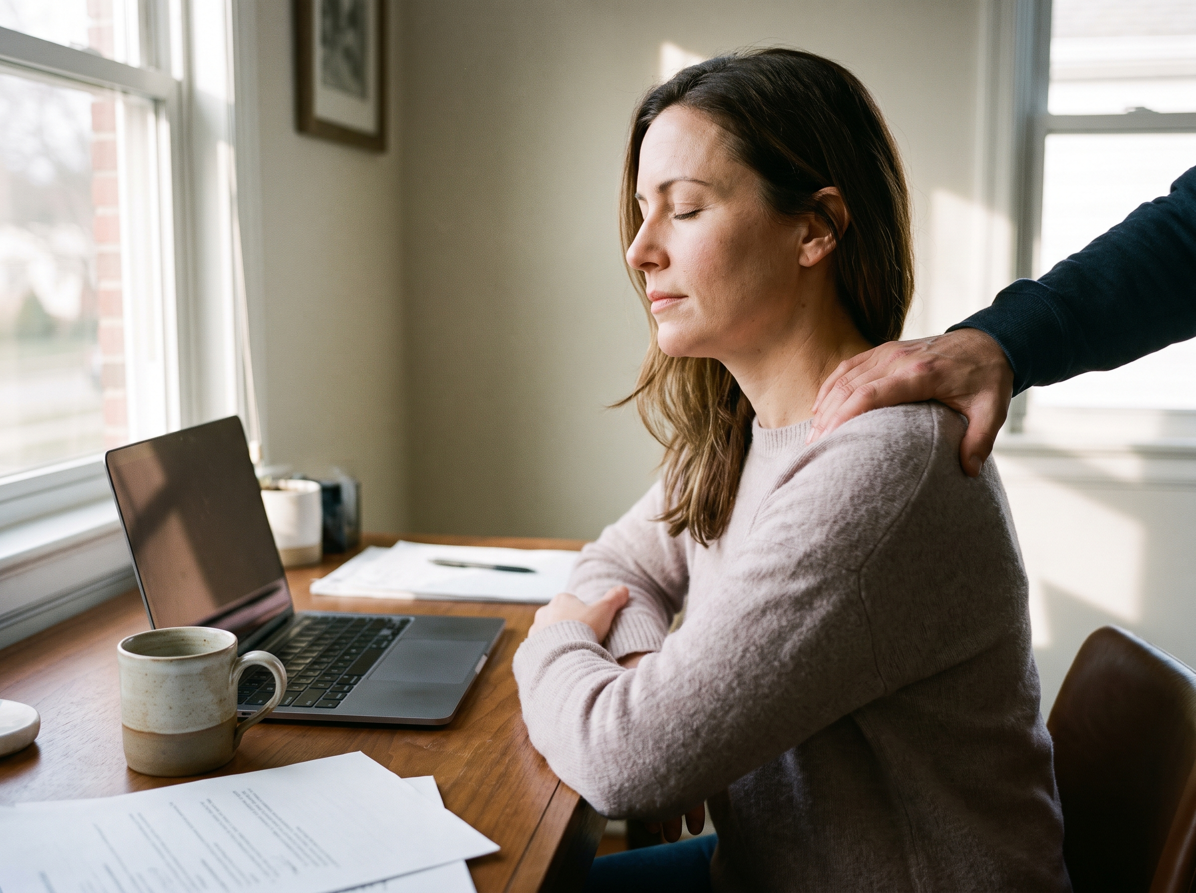 Woman at a desk showing the posture and screen habits that quietly tighten neck muscles over time