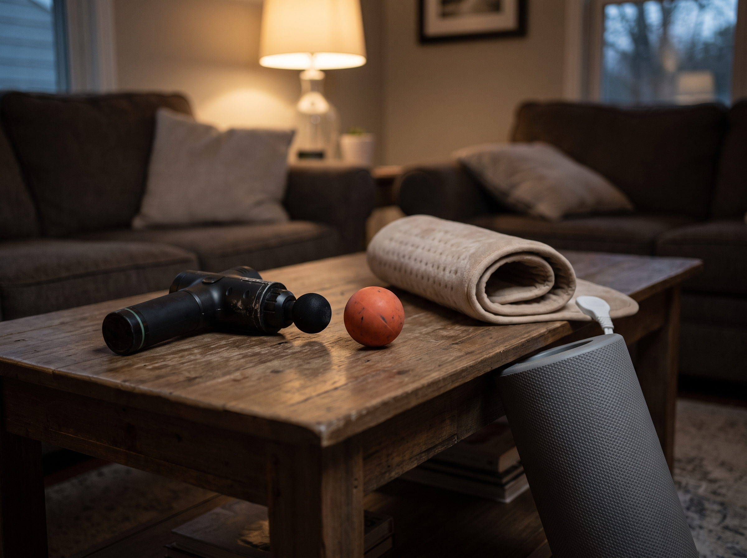 Still life of massage guns, tennis balls, and foam rollers — tools that target the knot but not its source