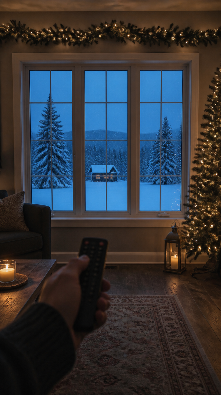 Snowy cabin scene on a living room wall