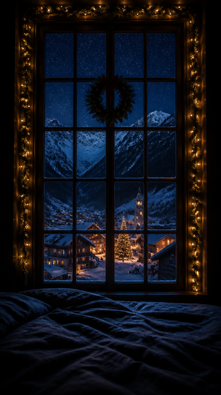 Alpine village seen from bed