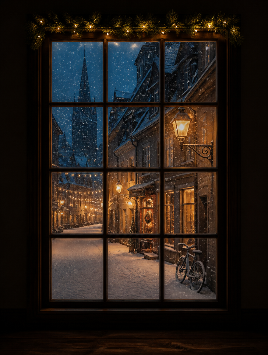 Lit street, falling snow