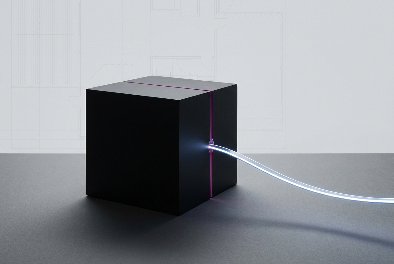 Black-box visual metaphor: a luminous digital stream of transactions enters a sealed, opaque black cube, representing the B2B purchase decision that remains opaque even after payment is digitized.