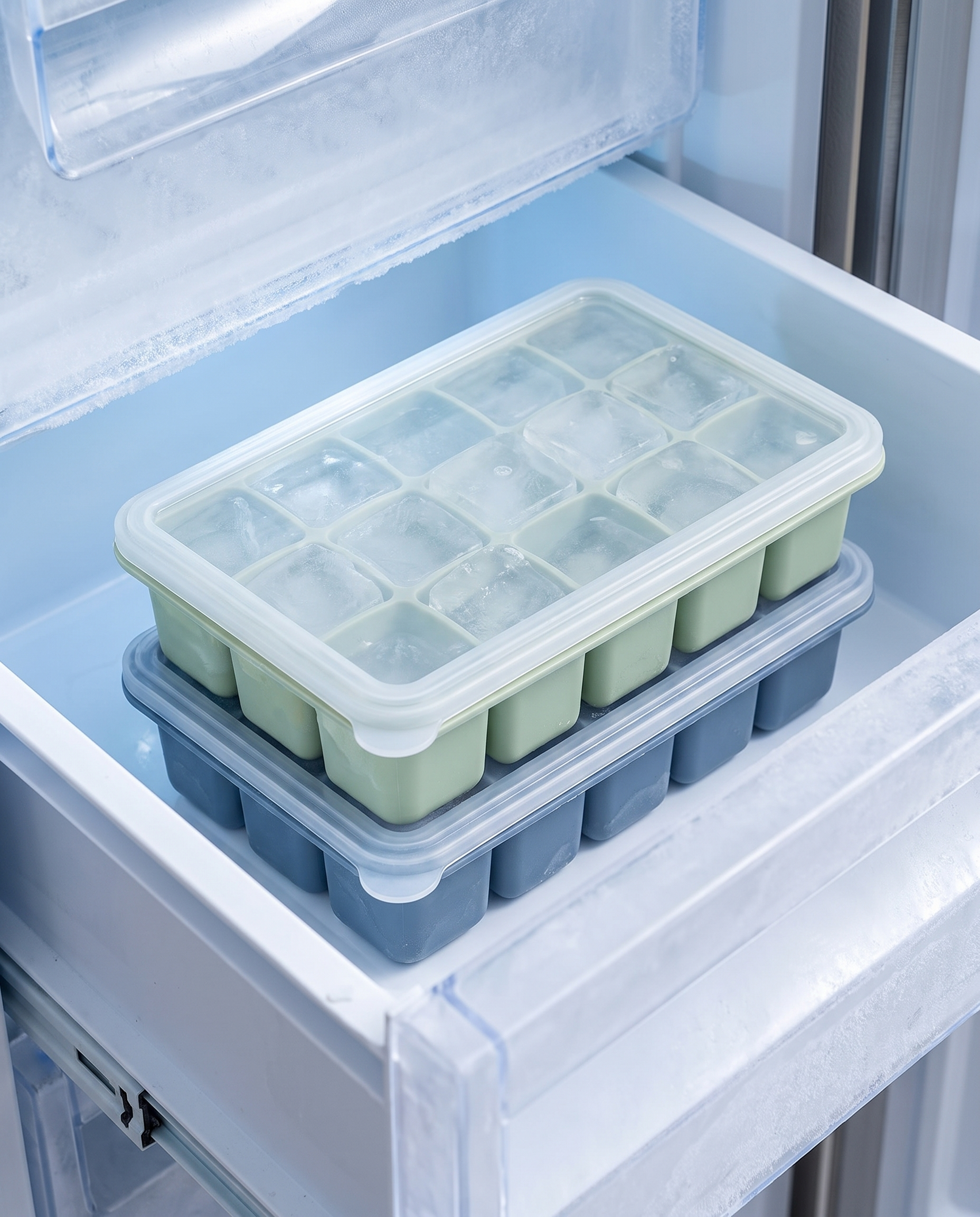 LeakGuard silicone ice cube trays with clear lids stacked in a freezer drawer