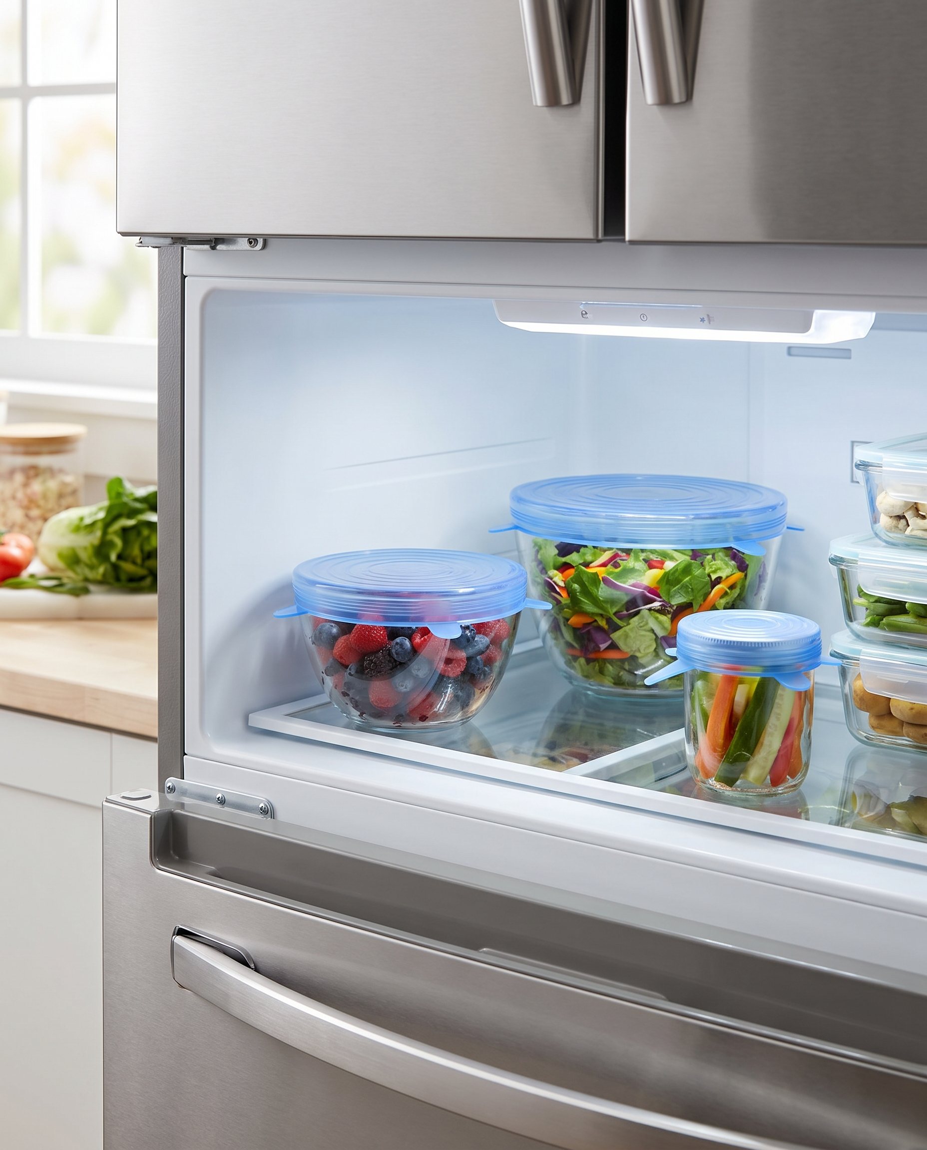 Glass bowls sealed with LeakGuard silicone stretch lids on a fridge shelf