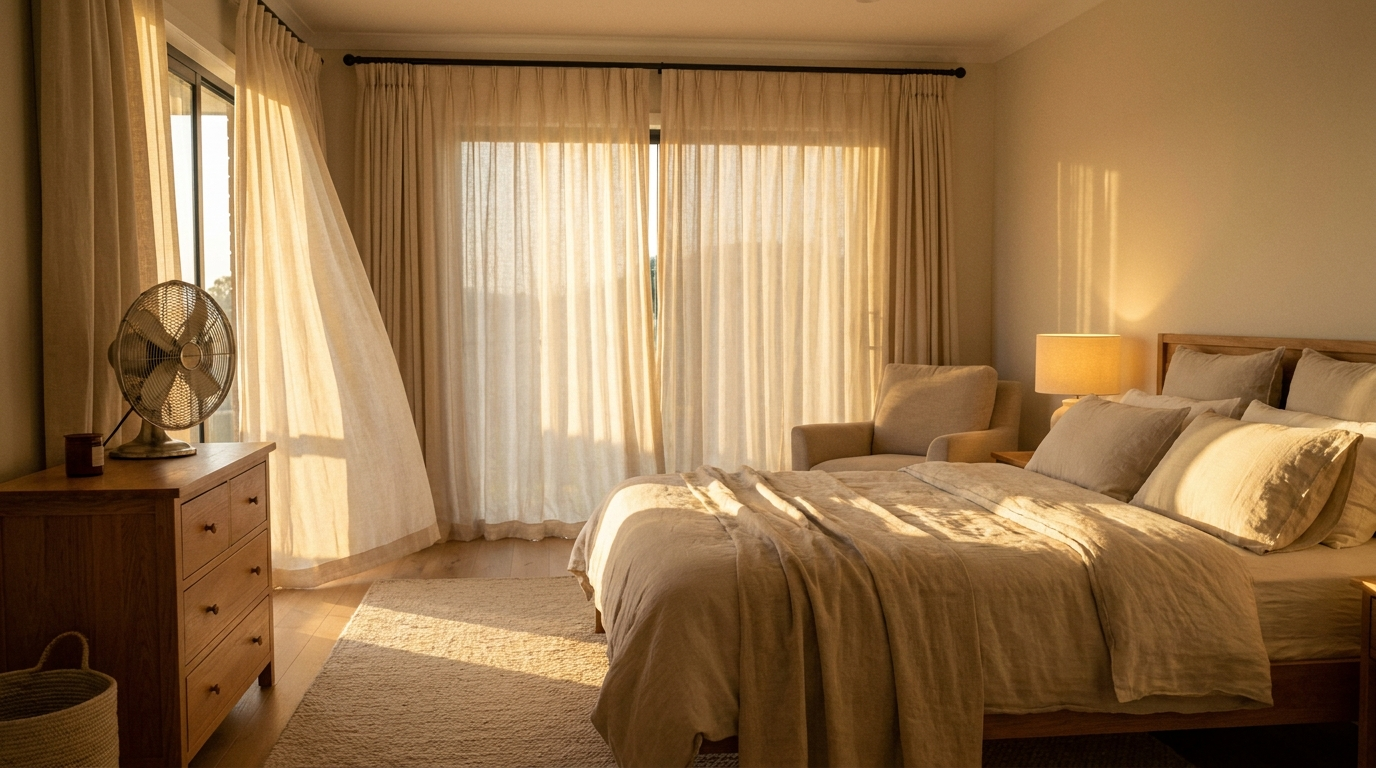 Bright bedroom with a half-closed curtain against the sun