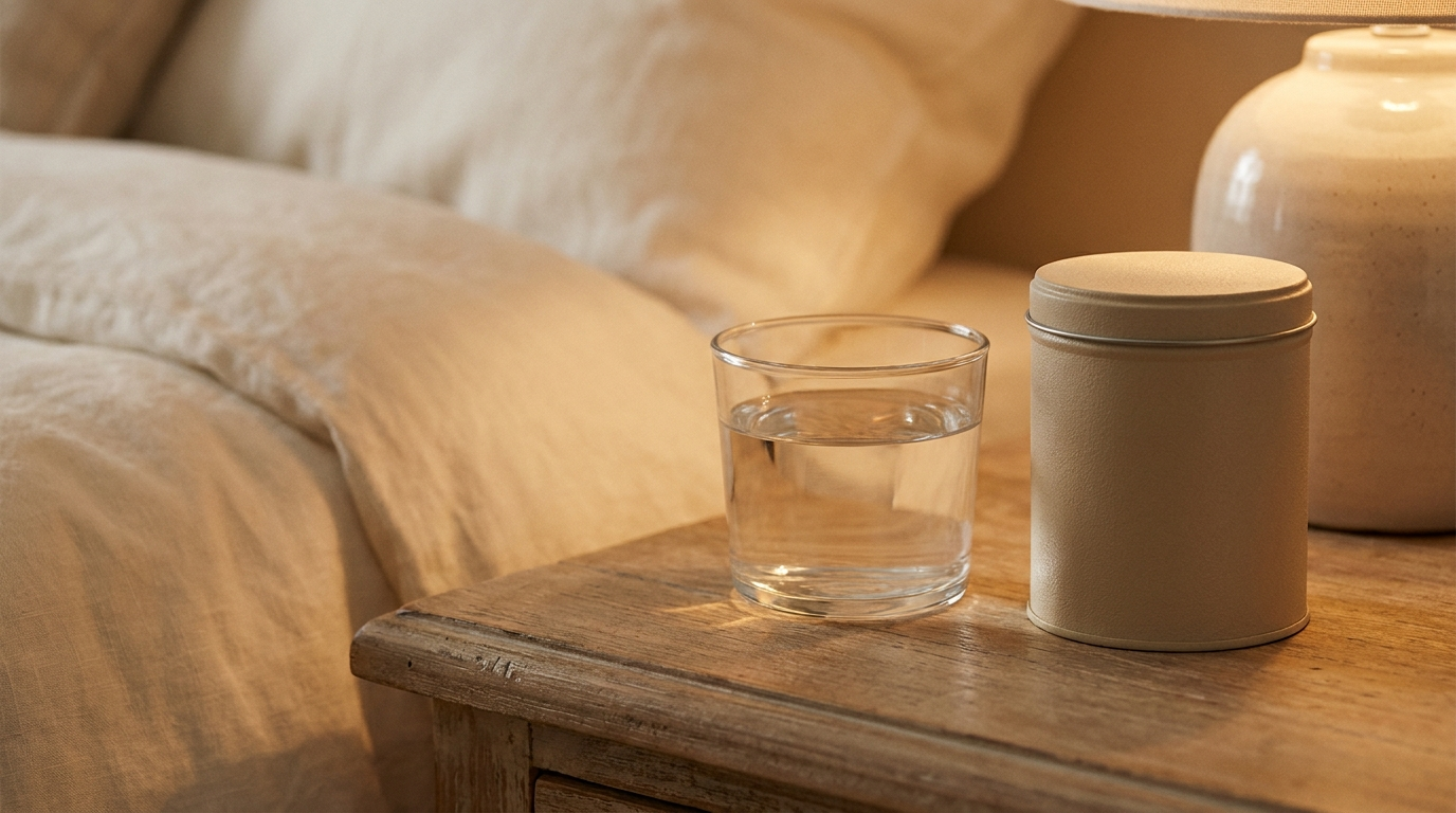 Glass of water on a nightstand in warm evening light