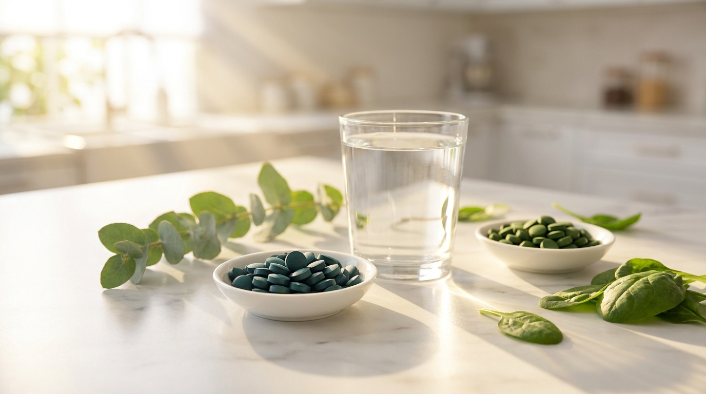Middle-aged woman in a cozy sweater sitting at a kitchen table with a glass of water and a bottle of green algae tablets, reading a label
