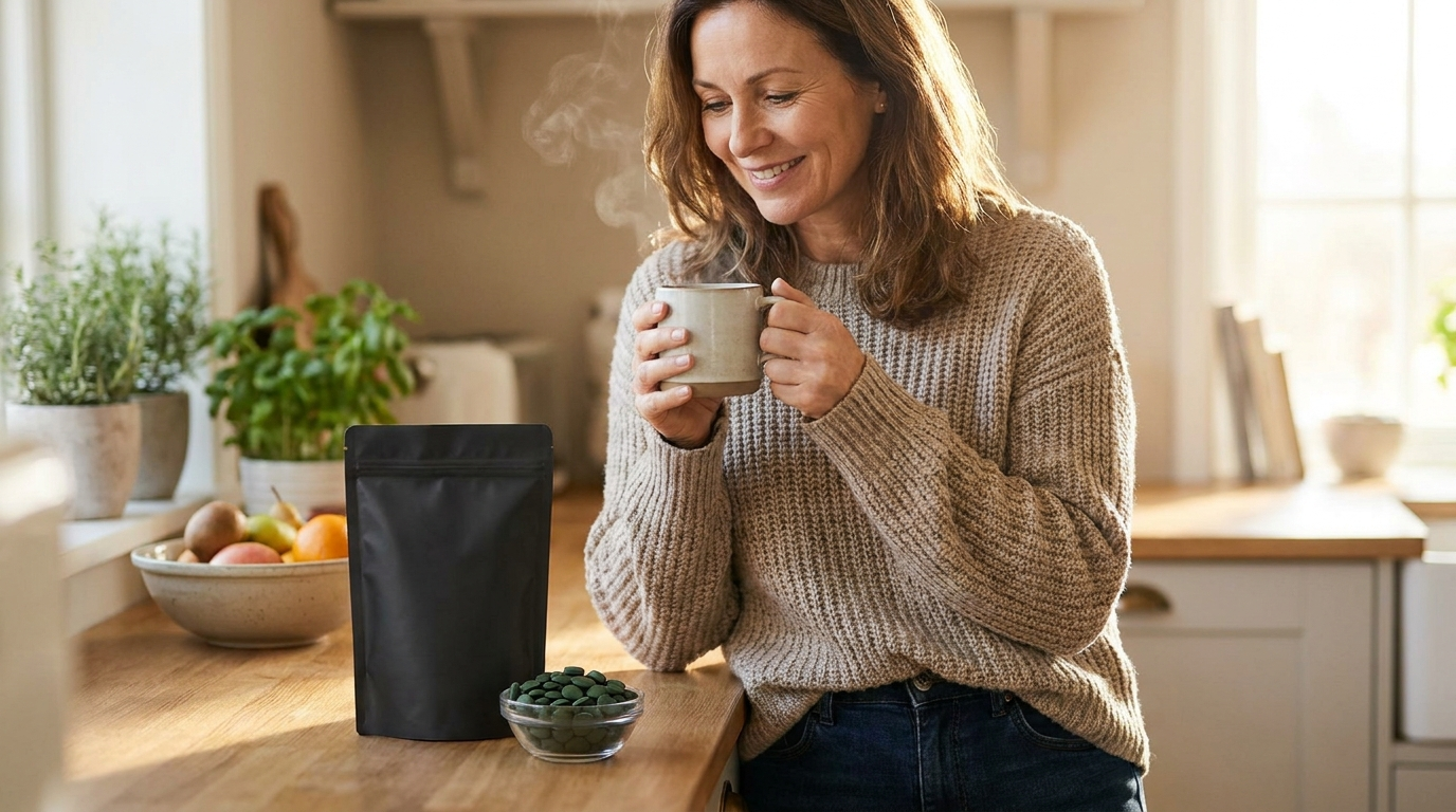 A middle-aged woman in a sweater at a kitchen counter with a coffee mug, a matte black ENERGYbits pouch, and green algae tablets in a dish