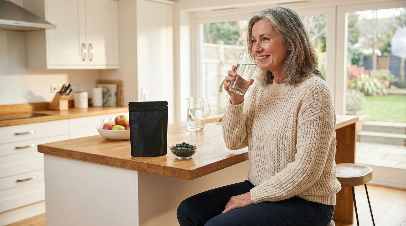A middle-aged woman in a sweater drinking a glass of water in a bright kitchen beside a matte black RECOVERYbits pouch and green algae tablets in a dish