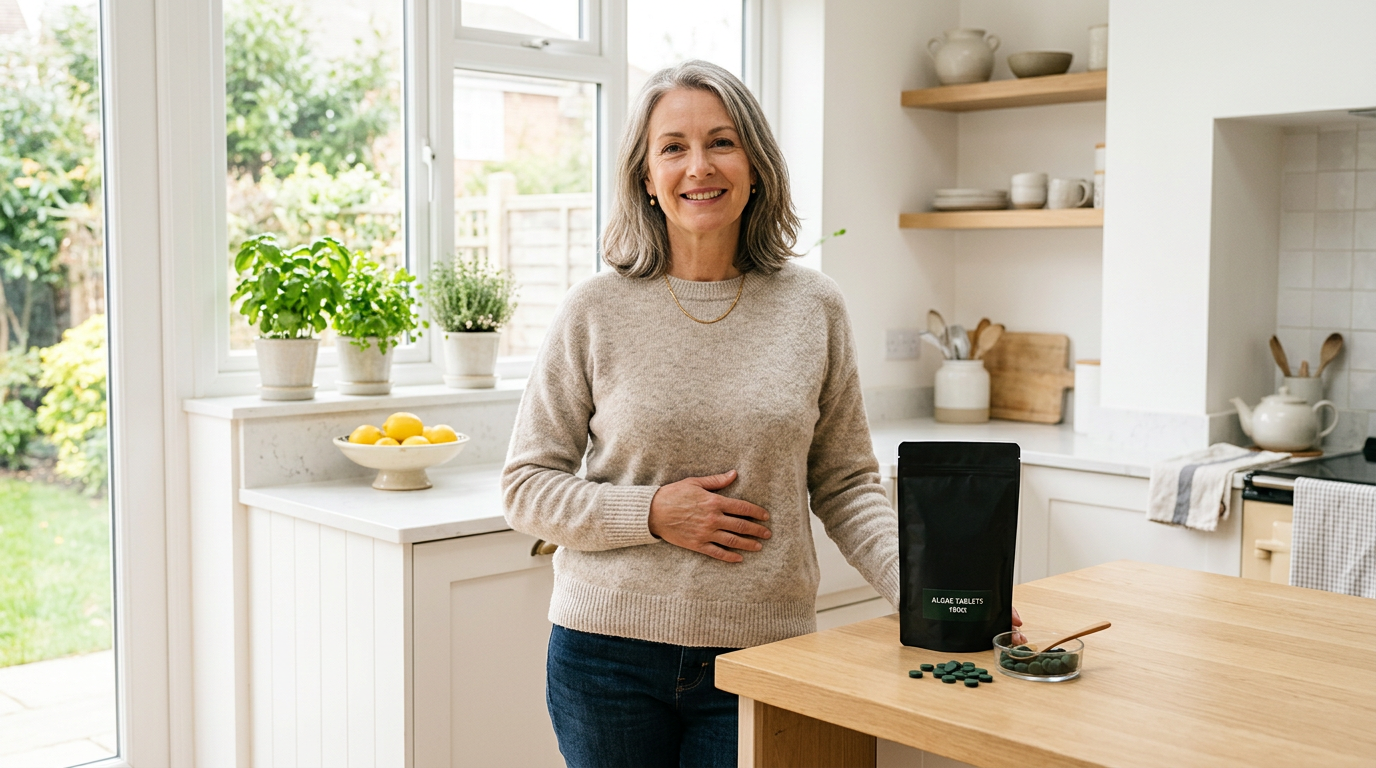A middle-aged woman in a sweater holding her midsection comfortably in a bright kitchen with a matte black RECOVERYbits pouch and green algae tablets in a dish