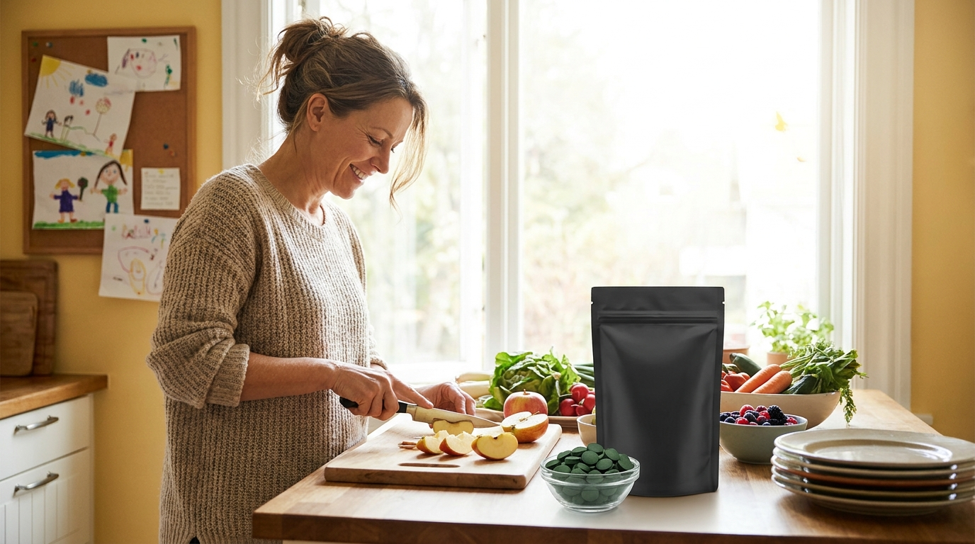 A middle-aged woman in a sweater preparing a snack in a kitchen with a matte black ENERGYbits pouch and green algae tablets in a small dish