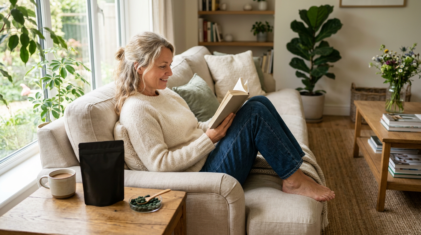 A middle-aged woman in a sweater resting comfortably in a bright kitchen with a matte black RECOVERYbits pouch and green algae tablets in a small dish
