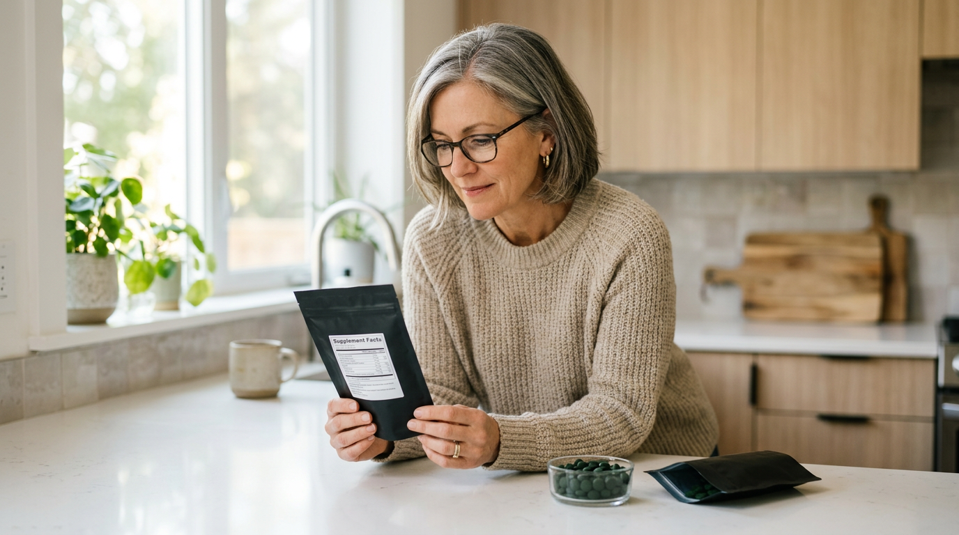 A middle-aged woman in a knit sweater reading a label beside a matte black ENERGYbits pouch and a glass dish of green algae tablets