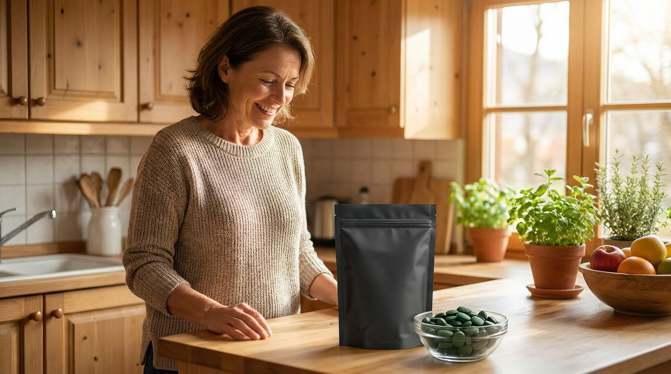 A middle-aged woman in a sweater smiling in a bright kitchen with a matte black RECOVERYbits pouch and green algae tablets in a small glass dish