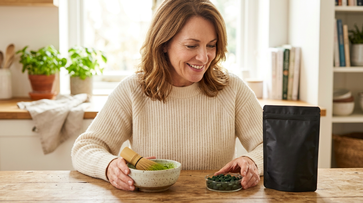 A middle-aged woman in a sweater comparing a matte black ENERGYbits pouch of green algae tablets with a bowl of green matcha powder on a wooden table