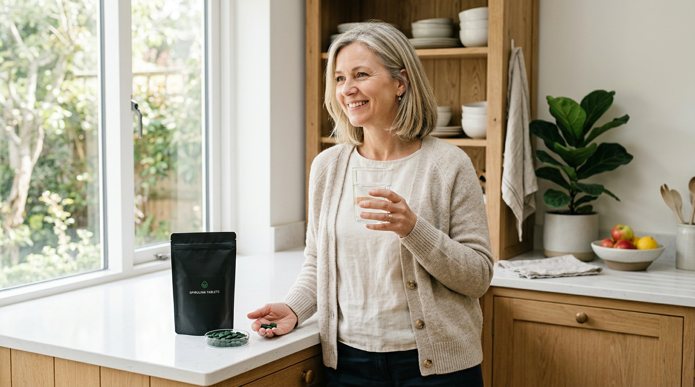 A middle-aged woman in a cardigan holding a glass of water next to a matte black ENERGYbits pouch and green algae tablets in a small dish