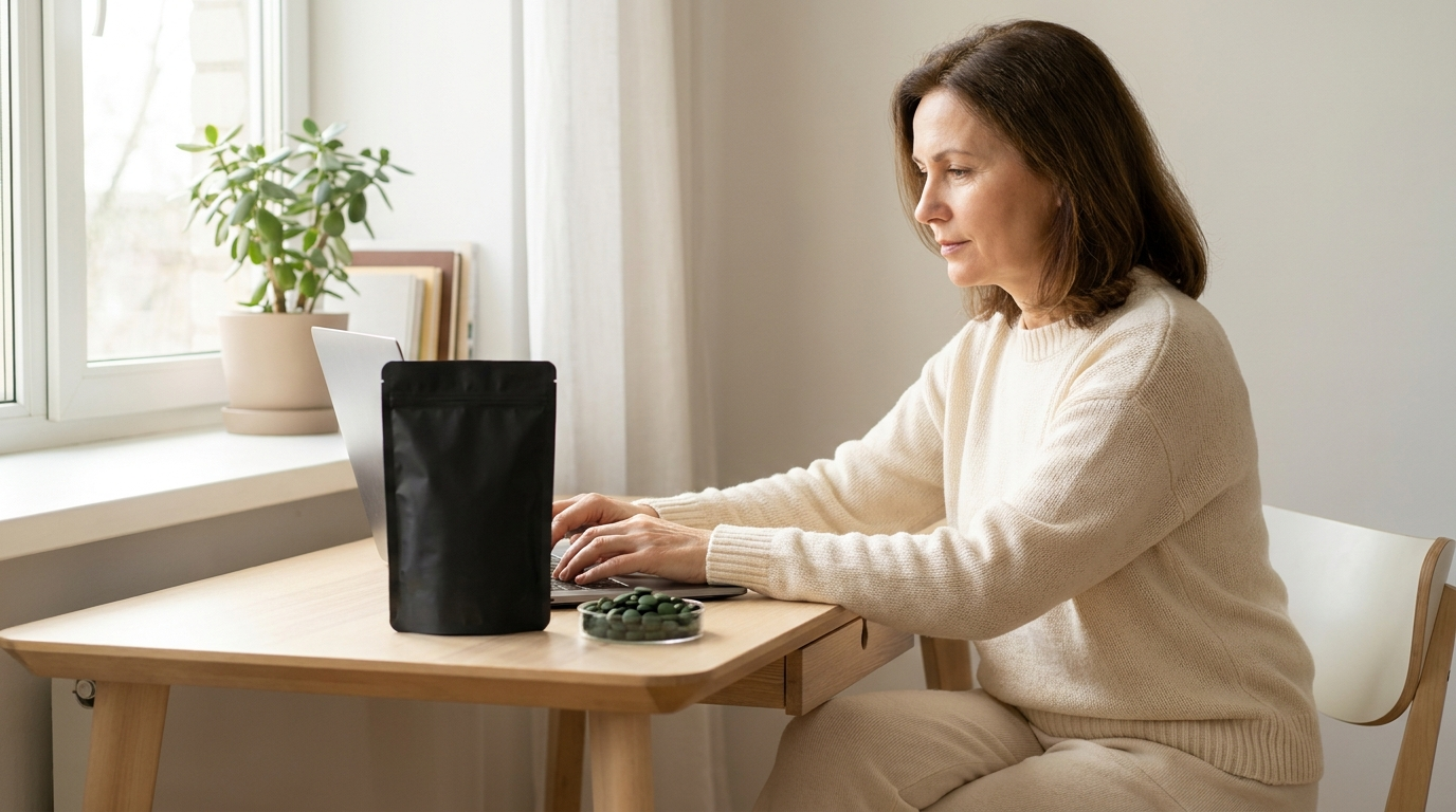 A middle-aged woman in a sweater working at a desk with a matte black ENERGYbits pouch and a dish of green algae tablets beside her laptop