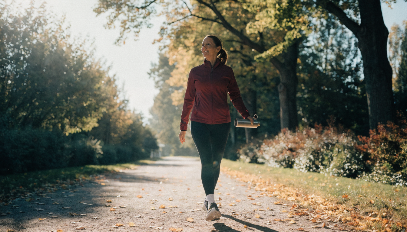 A middle-aged woman in a walking jacket strides along a tree lined park path in golden morning light holding a water bottle