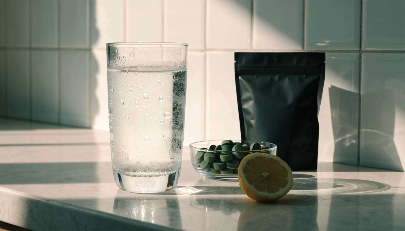 A bright morning kitchen counter with a large glass of water, a lemon slice, a matte black supplement pouch and a glass dish of green chlorella tablets