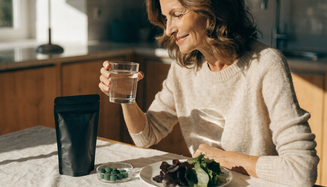 A middle-aged woman in a knit sweater sits at a sunlit breakfast table with a glass of water, a matte black supplement pouch and a small glass dish of green algae tablets