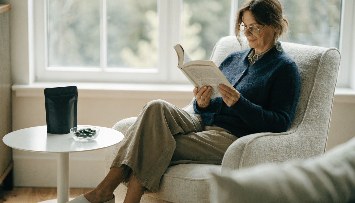 A middle-aged woman in reading glasses and a cardigan reads by a bright window with a matte black supplement pouch and green algae tablets on the side table