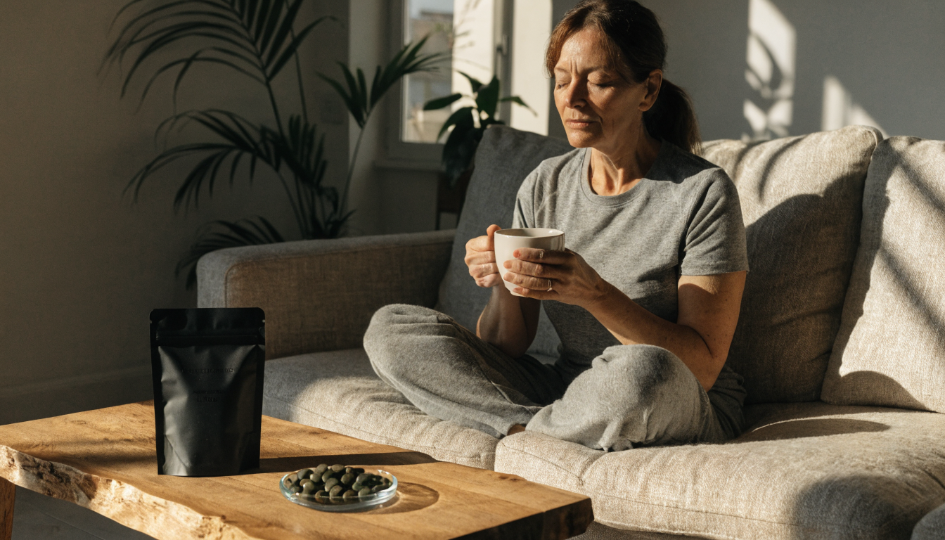 A middle-aged woman in activewear sits calmly on a sofa holding a warm mug beside a matte black supplement pouch and a glass dish of green algae tablets