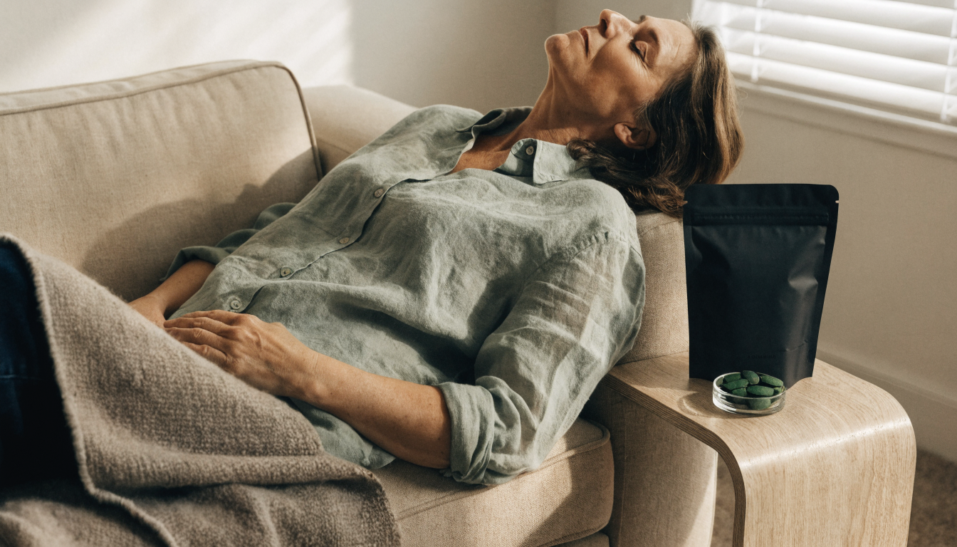 A middle-aged woman in a linen shirt rests comfortably on a sofa with a hand on her midsection beside a matte black pouch and green chlorella tablets