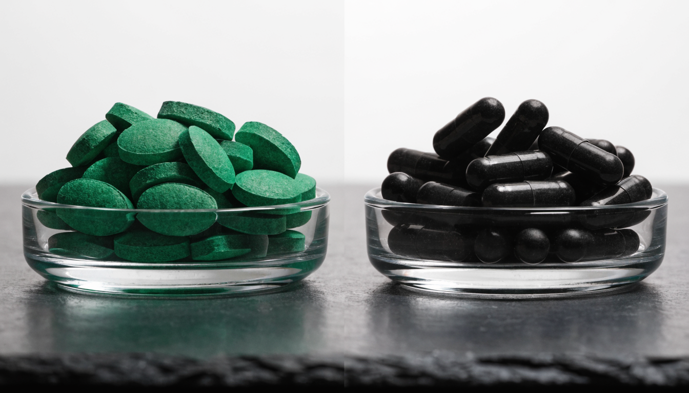 Side by side comparison on dark slate of a glass dish of green chlorella tablets and a glass dish of black activated charcoal capsules