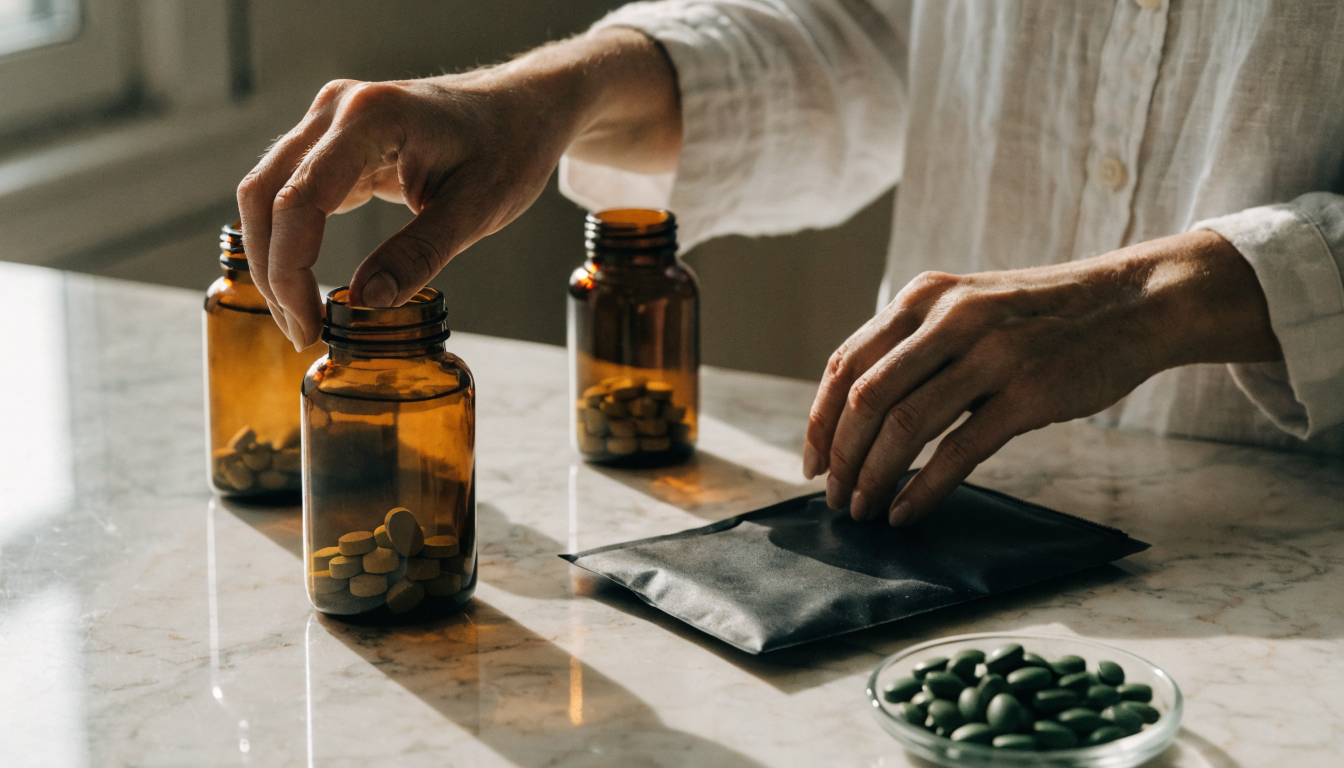 Hands of a middle-aged woman arranging amber supplement bottles on a kitchen counter beside a matte black pouch and a glass dish of green algae tablets