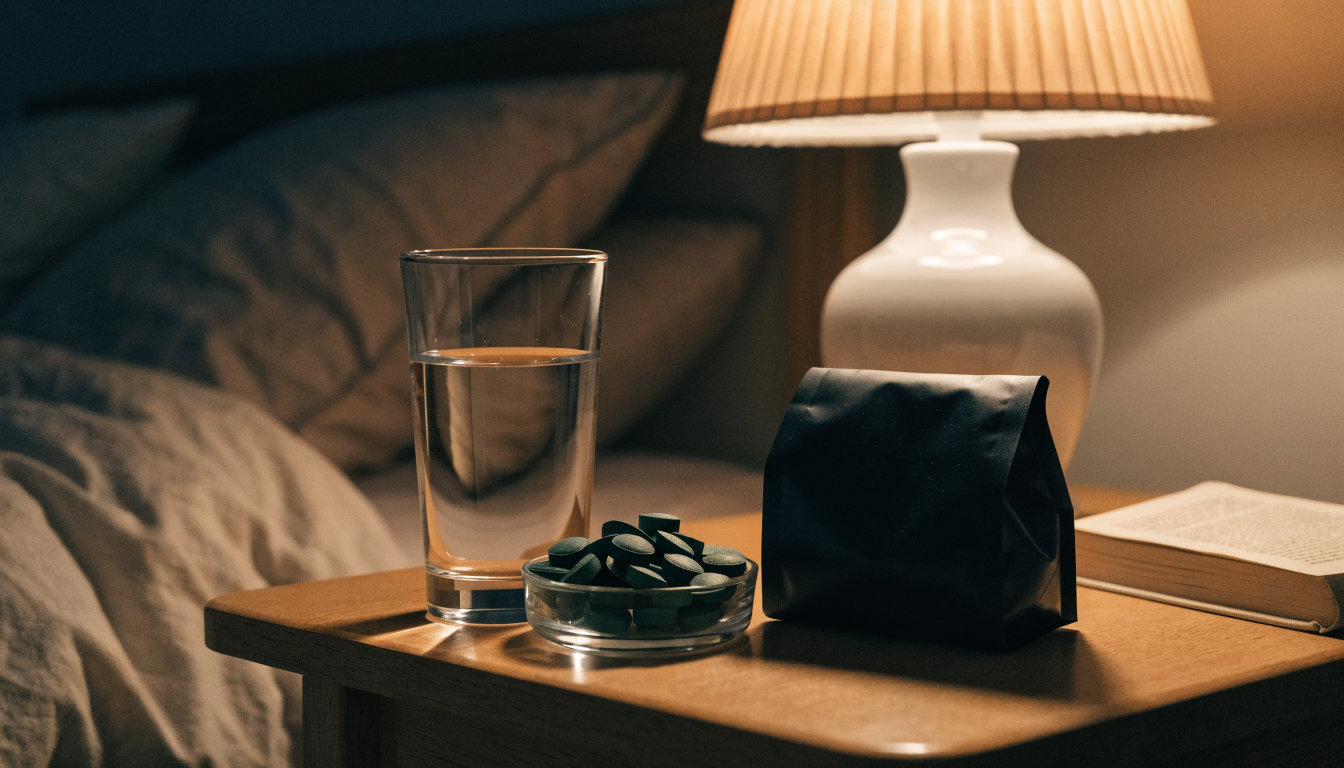 A bedside nightstand at night with a warm lamp, a glass of water and a small glass dish of green algae tablets beside a matte black supplement pouch