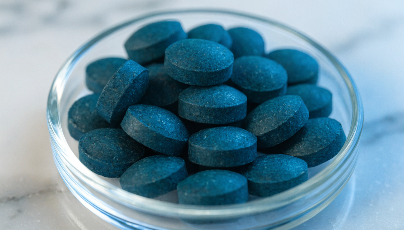 Macro close-up of deep blue green spirulina tablets in a small glass dish on white marble under cool blue light