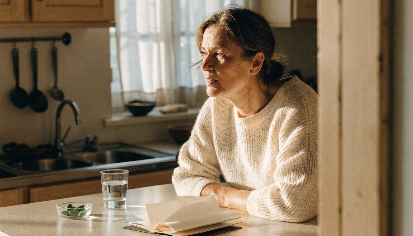 A middle-aged woman in a cream sweater journaling at a sunlit kitchen counter with a glass of water