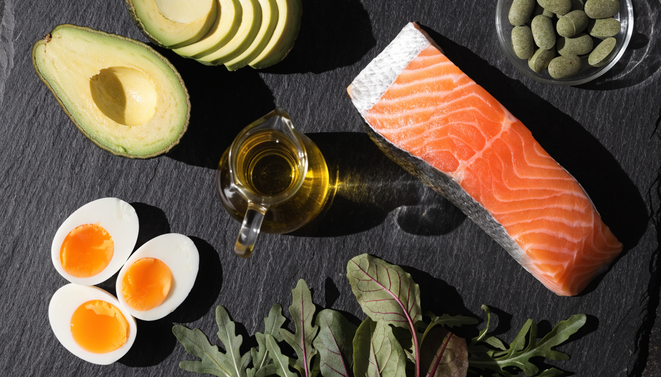 A flat lay of keto foods including avocado, eggs, and salmon with a glass dish of green algae tablets