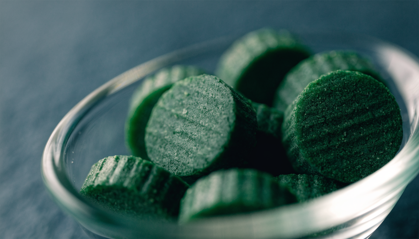 Macro close-up of deep green chlorella tablets in a small glass dish