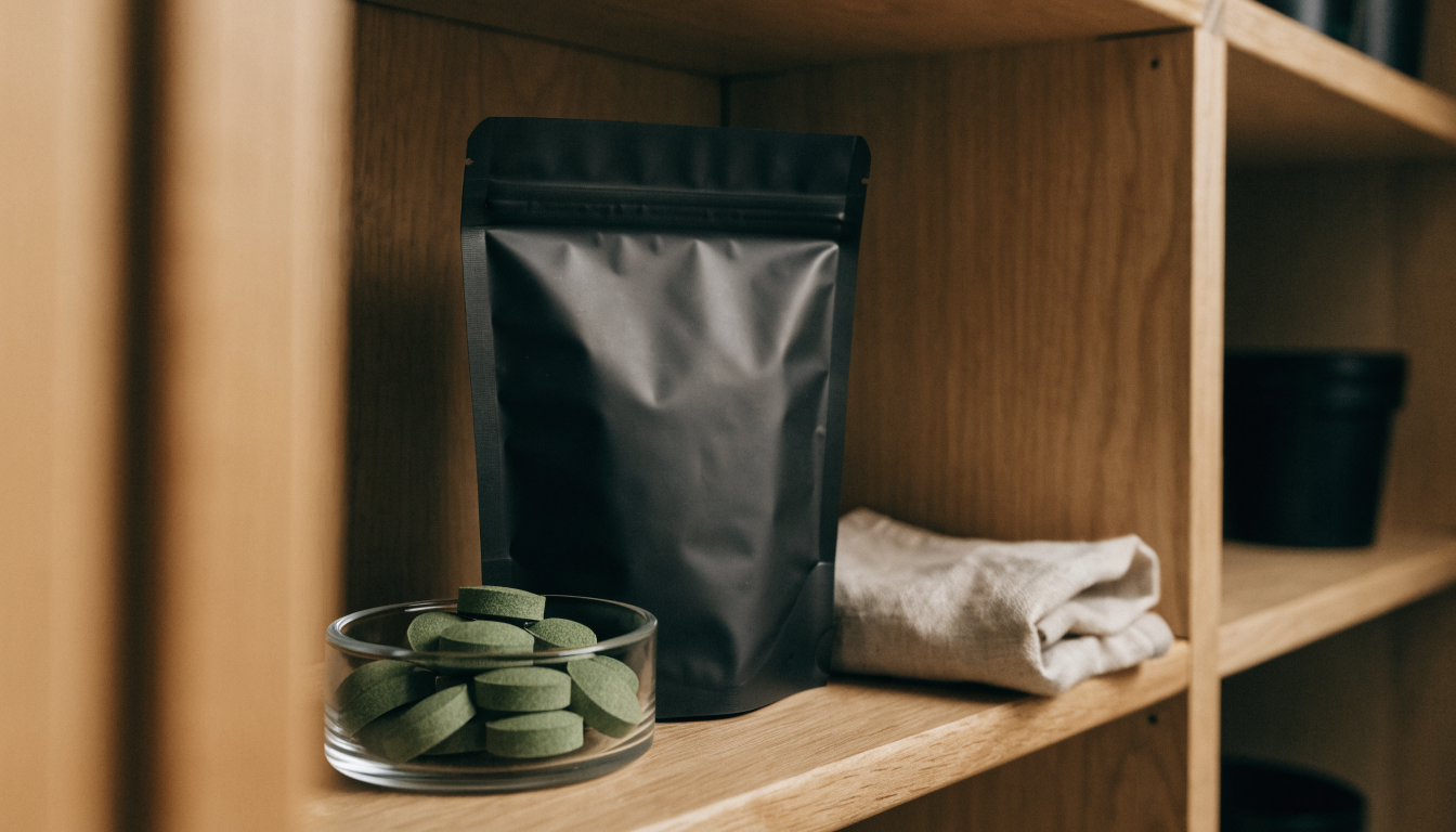 A sealed matte black supplement pouch on a wooden pantry shelf beside a glass dish of green algae tablets
