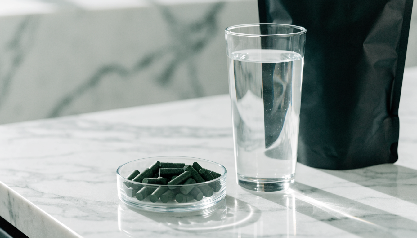 A small glass dish of green spirulina tablets beside a glass of filtered water on a clean white marble counter