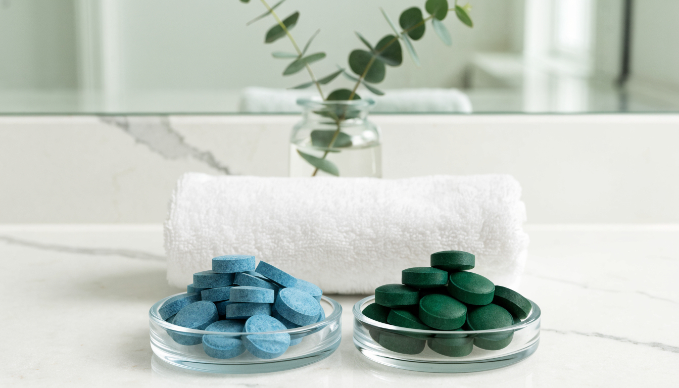 Two small glass dishes of blue-green and deep green algae tablets side by side on a white bathroom vanity
