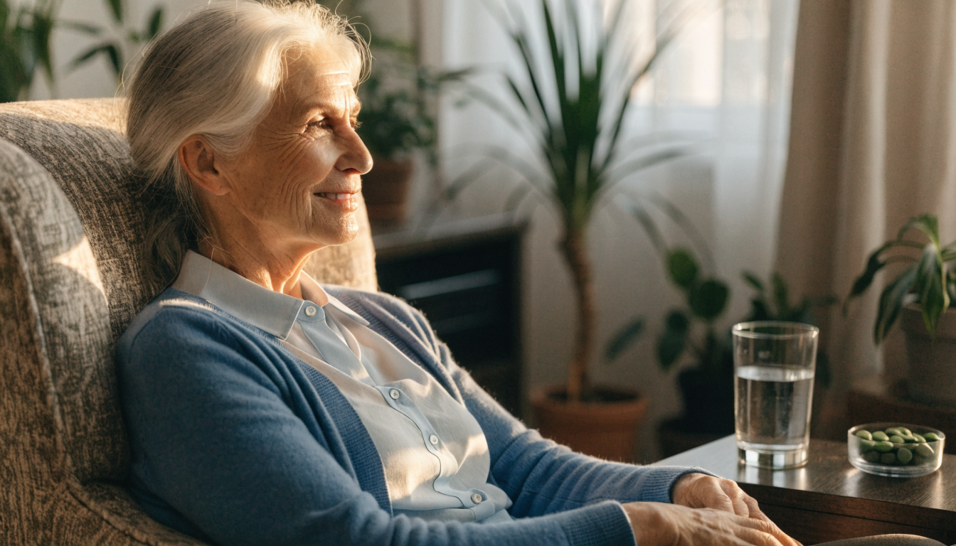 A silver-haired woman in her sixties wearing a blue cardigan smiling in a sunlit living room