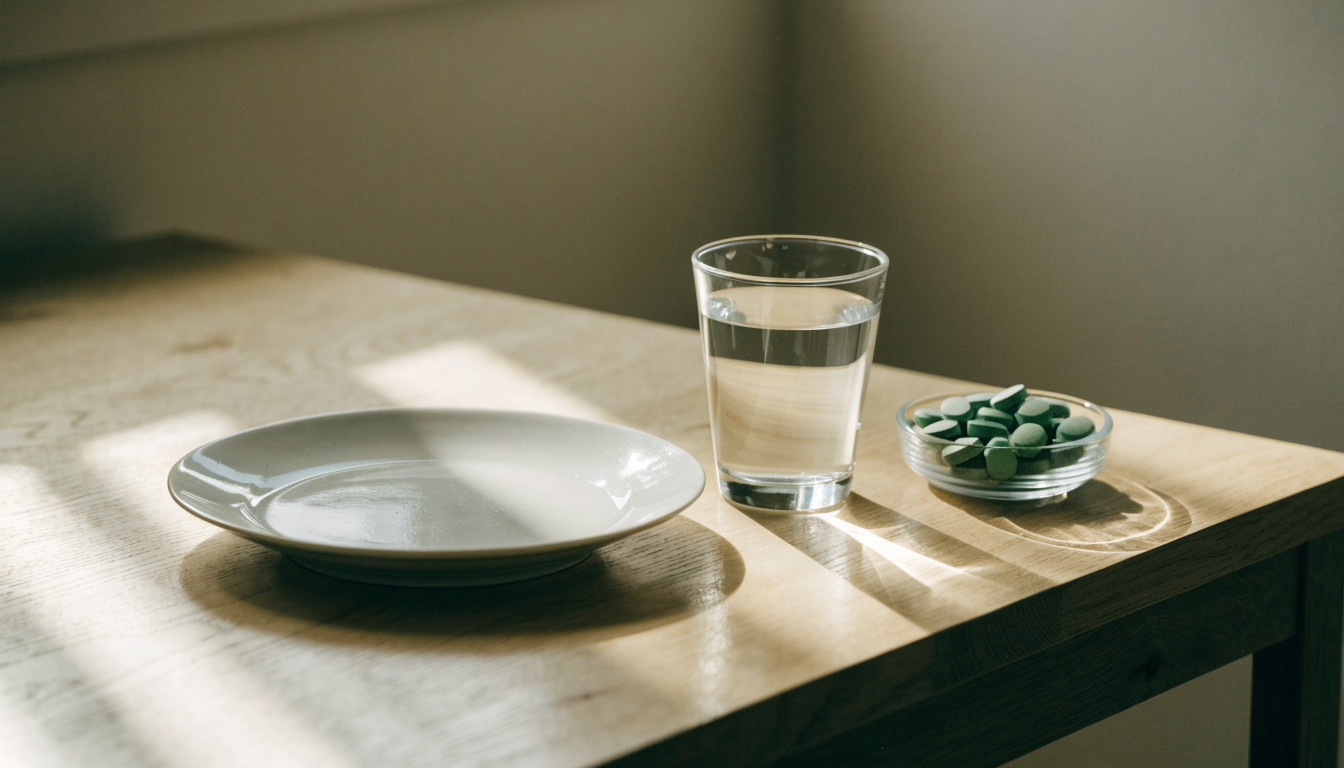 A morning breakfast table with an empty plate, a glass of water, and a glass dish of green chlorella tablets
