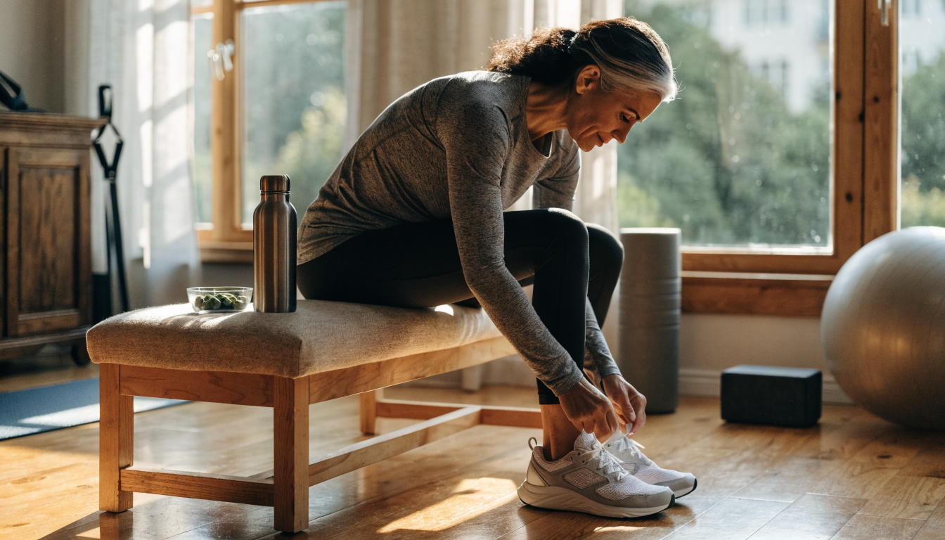 A middle aged woman in athletic leggings and a long sleeve top lacing her shoes on a home gym bench beside a water bottle and a dish of green algae tablets