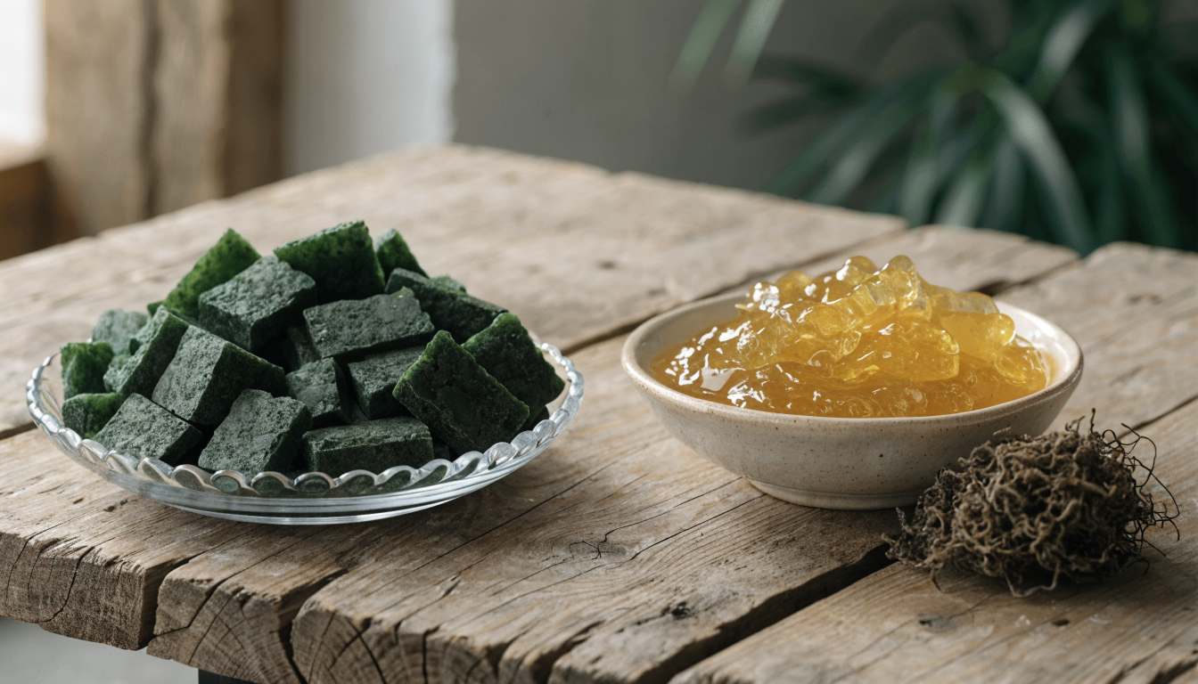 A glass dish of green spirulina tablets beside a ceramic bowl of golden sea moss gel on a rustic wood table