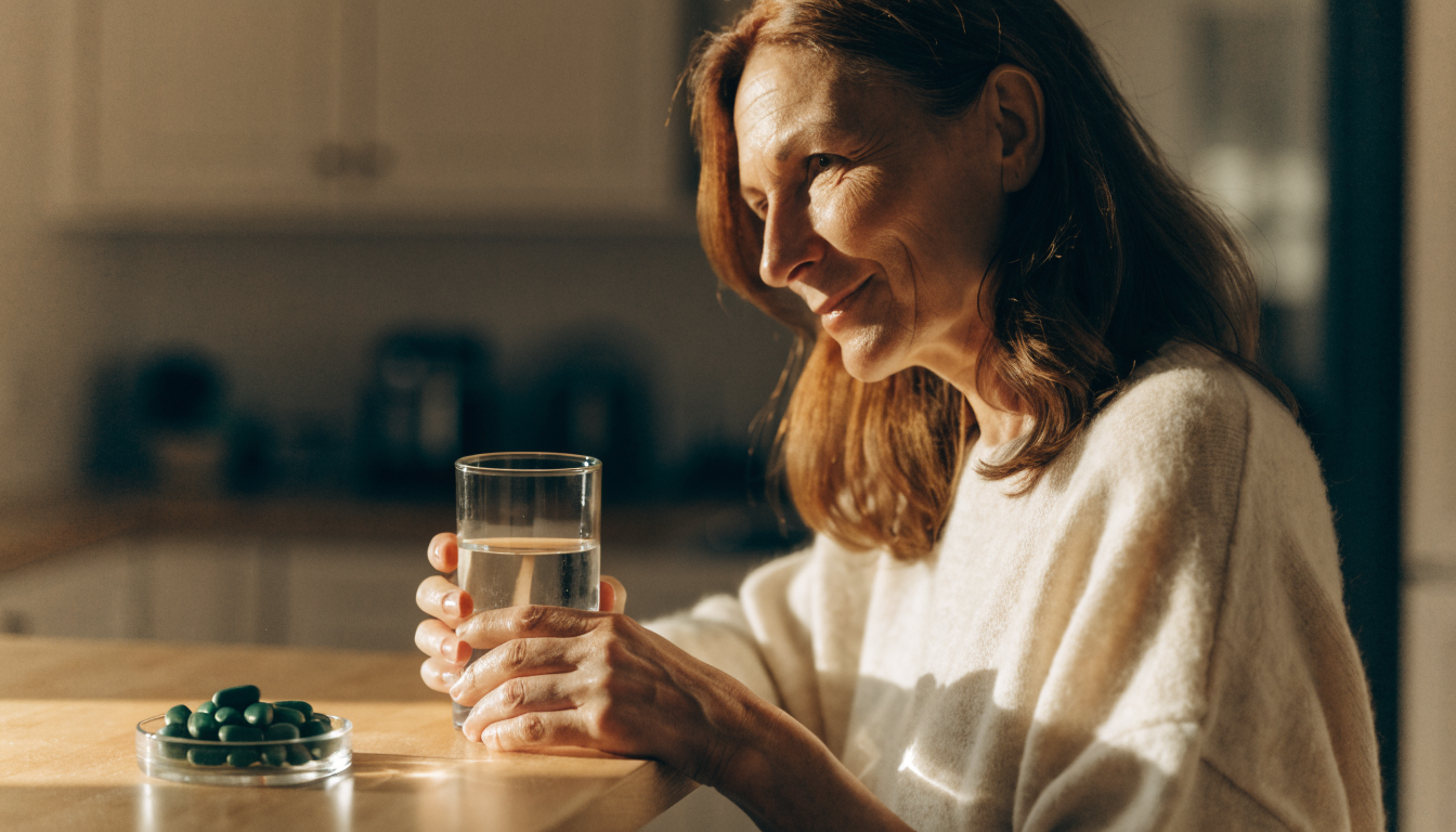 A middle aged woman in a cream knit sweater holding a glass of water in a sunlit kitchen beside a dish of green chlorella tablets