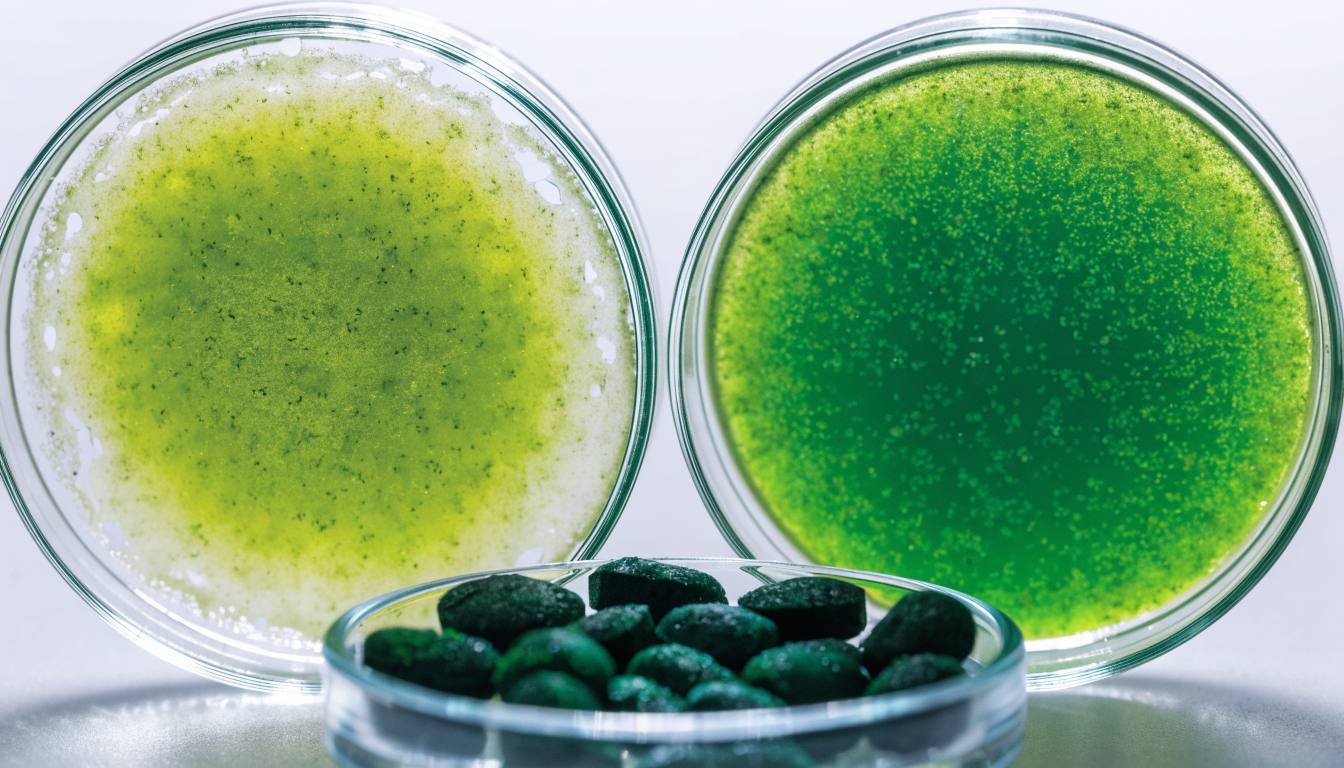 Two petri dishes of green algae culture side by side on a white lab bench with a small glass dish of green chlorella tablets