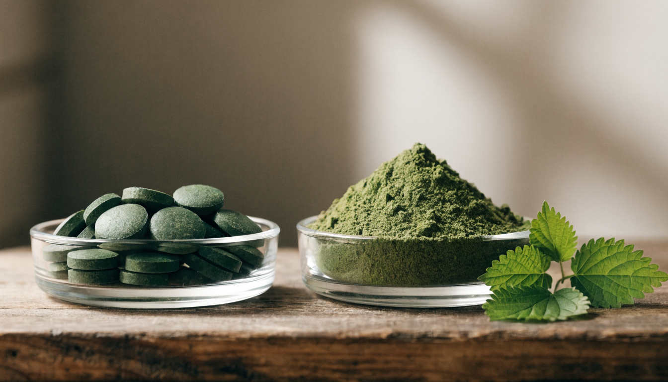 Deep green chlorella algae tablets in a glass dish beside bright green moringa leaf powder and fresh leaves on a rustic dark wood board