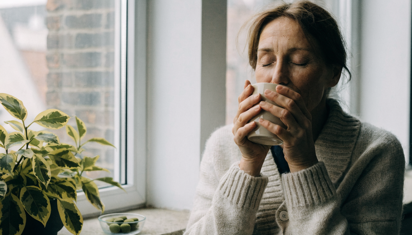 A fully clothed middle-aged woman in a soft oatmeal cardigan sits calmly by a large window holding a warm mug of tea, with a houseplant beside her