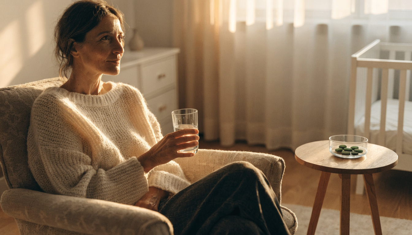 A fully clothed middle-aged woman in a cozy knit sweater sits in a sunlit nursery armchair holding a glass of water, with a small glass dish of green algae tablets on the side table beside her.