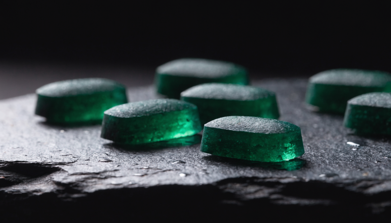 Macro photograph of deep emerald green chlorella algae tablets on dark slate with fine water droplets