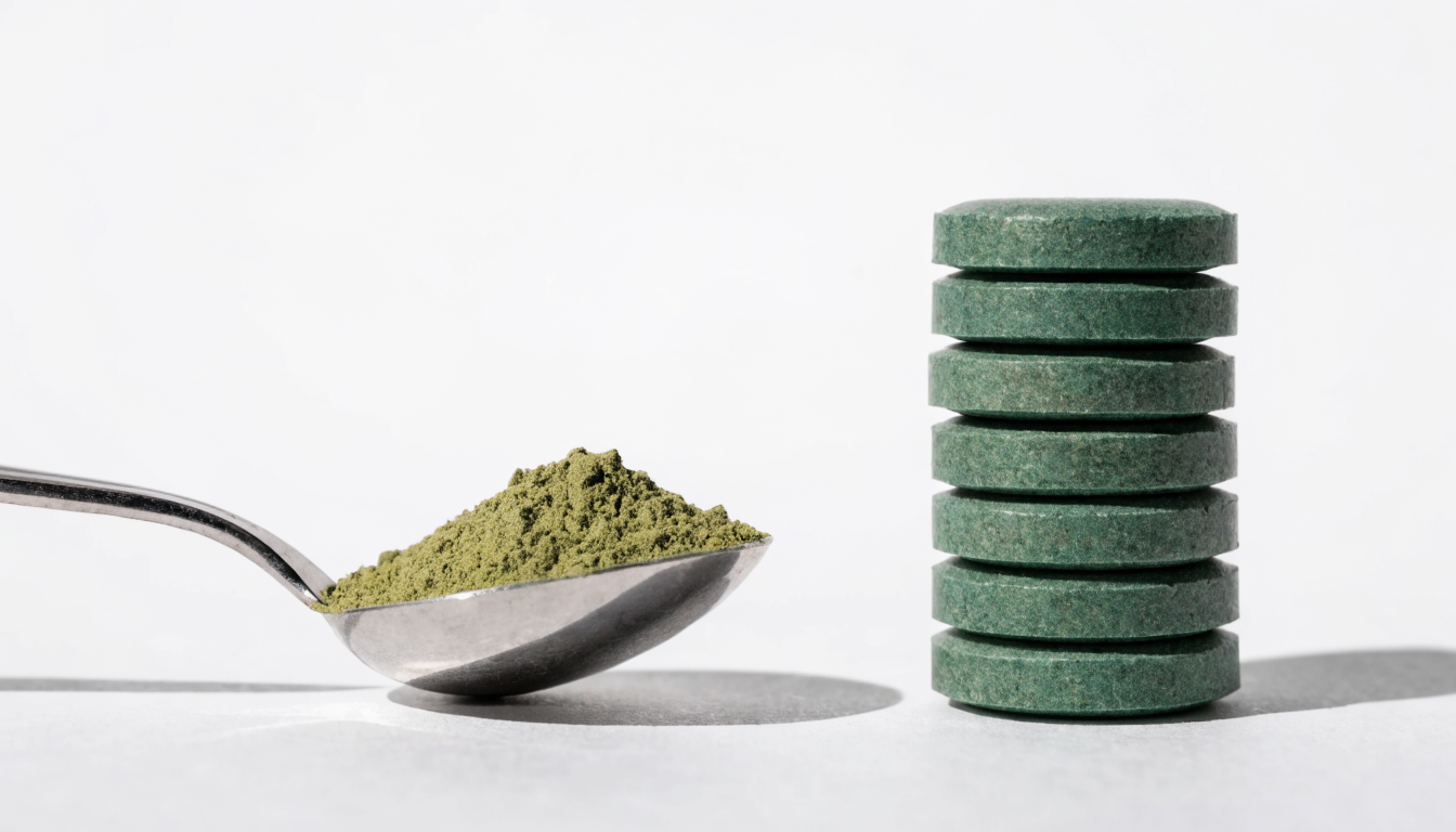 A measuring teaspoon of green spirulina powder beside a neat stack of round green spirulina tablets on a white surface