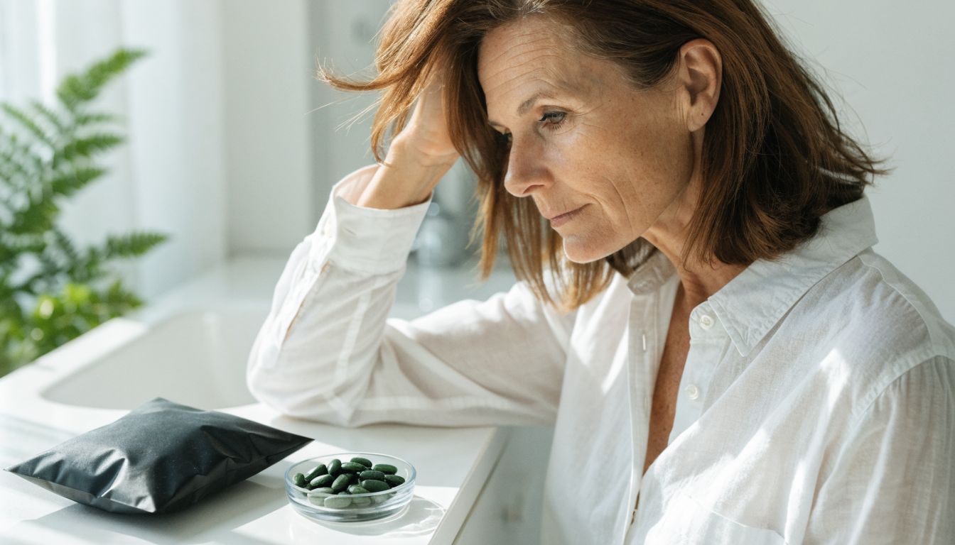 A middle-aged woman in her late forties wearing a white cotton button up shirt runs her fingers through her healthy shoulder length brown hair at a bright bathroom vanity, with a matte black pouch and a glass dish of green algae tablets on the counter
