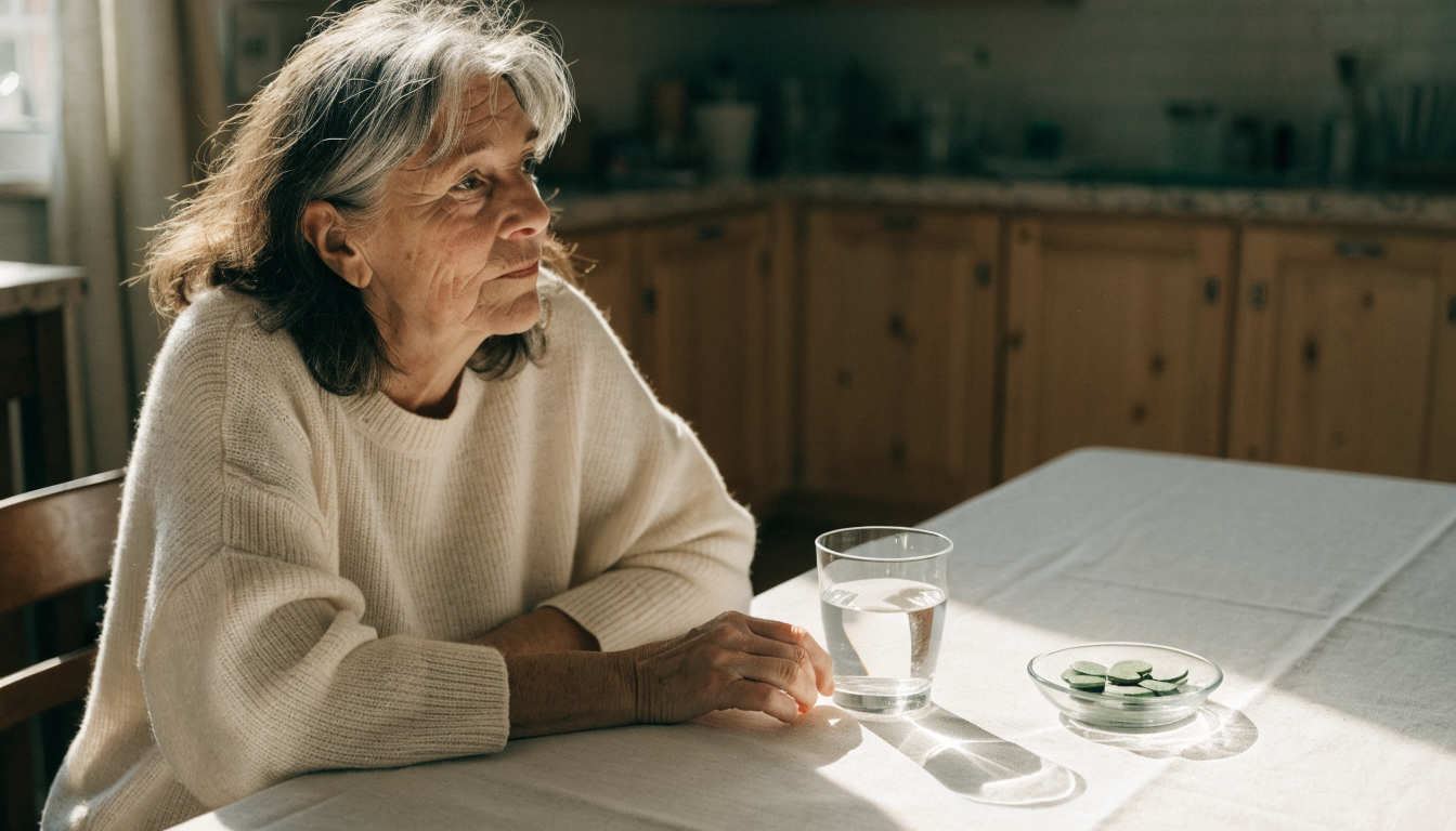 A middle-aged woman in a cream knit sweater sits at a bright kitchen table in morning light with a glass of water and a small glass dish of green algae tablets nearby